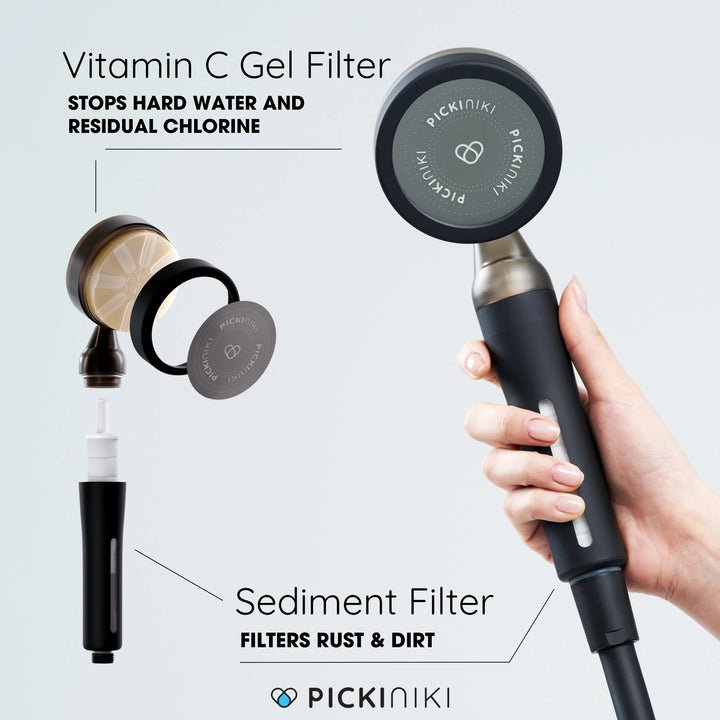 PICKI NIKI filtered shower head with black handle – dual-filtration system with vitamin infusion for softer skin and shinier hair. Reduces chlorine and hard water effects for a spa-like shower experience.